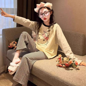 New 2025 Cotton Pajamas for Girls Long Sleeve Spring Autumn Kitty Cat Design Childrens Home Clothes Soft Breathable Moisture Wicking