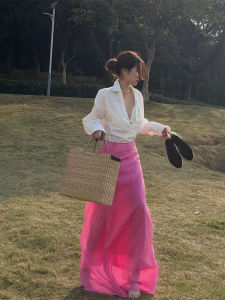 YUFUQING | French White Shirt And Red Hemp High Waist Mini Skirt Set Women Summer Fashionable Outfit One Piece Commute Loose Fit Long Sleeve