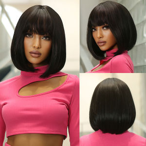 Black Brown Short Bob Wig with Bangs Synthetic Straight Wigs for Women Afro Natural Hair Cosplay Daily Party Heat Resistant