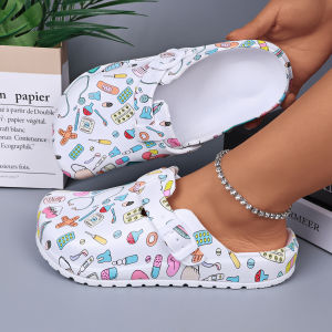 Womens Printed Indoor Sllippers Mule Clogs EVA Anti-slip Work Shoes Flat Soft Sole Adjustable Buckle Closed Toe House Slippers