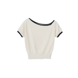 YUEZHONGWEI | French Style Shoulder Baring Color Block Knitted Short Sleeve T Shirt Women Summer Slim Fit Design Waist Cinched Beautiful Top