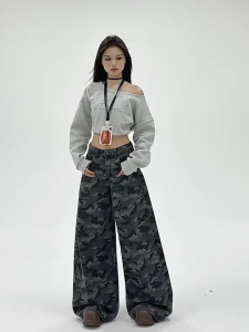 Plus Size S-6XL American Retro Camouflage Wide Leg Jeans For Women Fashion High Waist Trousers Denim Pants