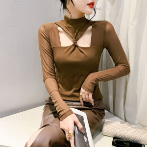 Yimeifashion khoét rỗng Áo sơ mi mặc trong áo phông gợi cảm cotton dài tay lưới cho nữ áo phiên bản Hàn Quốc cổ cao 2023 sang trọng mới mùa thu và mùa đông