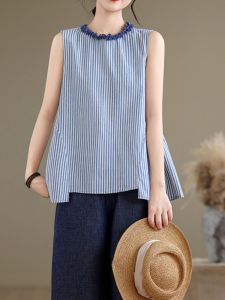 Off-Season Clearance plus Size Striped Shirt Women Summer New Loose Slimming Sleeveless Blouse Small Shirt Commute Style