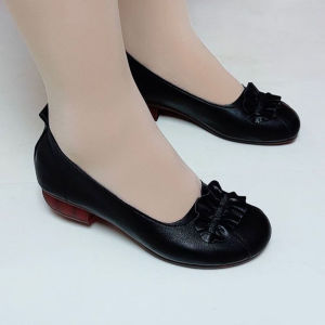 Leather Slip-On Boat Shoes Comfortable Anti-Slip Low-Mid Heel Soft Bottom Elegant round Toe Bean Bean Shoes for Mothers