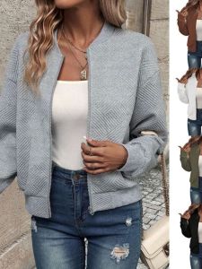 Solid Color Zipper Stand up Collar Jacket Pure Color Long Sleeve Loose Fit Short Outerwear for Women Autumn Season