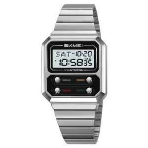 นาฬิกาข้อมือดิจิตอล SKMEI แฟชั่น ไฟ EL สำหรับผู้ชายและผู้หญิง กันน้ำ สายสแตนเลส สไตล์เรียบง่าย Reloj Hombre