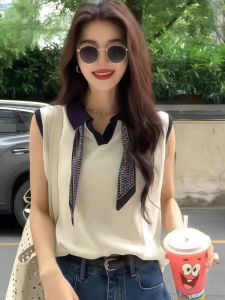 YUEZHONGWEI | Summer Slim Fit Short Sleeve Knitted T-Shirt Womens Necktie Silk Scarf Vest Top Color Block Henry Collar Pullover Tee