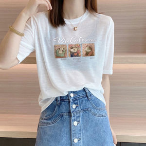 Lace Short Sleeve T-Shirt Womens Summer Thin Loose White Base Shirt round Neck Versatile Shoulder Top Silk Material Commute Style