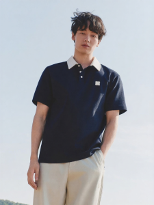 GXG | Contrast Collar Leather Tag Fitted Dark Blue Polo Shirt