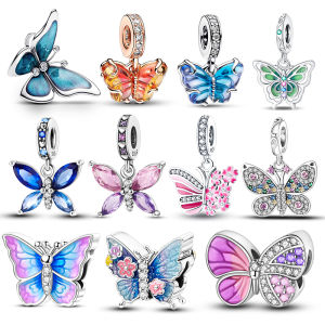 Charms Plata 925 Colored Zircon Pavé Butterfly Dangle Charms Beads Fits 3mm Bracelet For Women Pendants Luxury DIY Jewelry Gifts