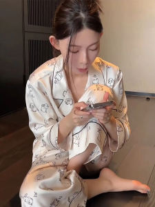 Ice Silk Long Sleeve Cardigan High-quality Cute and Stylish Sleepwear Set