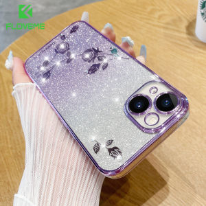 FLOVEME Gradient Glitter Diamond Flower Phone Case For Samsung Galaxy S23 S22 S21 Ultra Plus Plating Clear Soft Silicone Shockproof Back Cover For Samsung S23 S22 S21