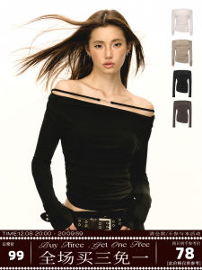 เสื้อยืดแขนยาวเปิดไหล่สไตล์อเมริกันย้อนยุค Ariseism สำหรับผู้หญิงวัย 18-24 ปี ฤดูใบไม้ร่วง 2023 ผ้าผสมโพลีเอสเตอร์และไนลอน