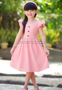 Cotton Linen Button Butterfly Sleeves Dress for Kids
