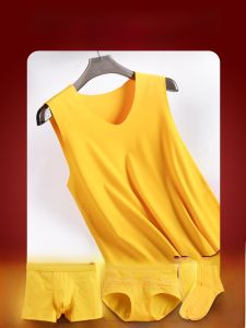 Warm Yellow Velvet Vest Mens Slim Fit Thermal Top Inner Wear for Autumn Winter Lucky Year Youth V-neck Single Layer Vest