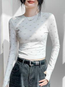 GEBEISHANG | Bow Print Round Neck Long Sleeve T-Shirt Women