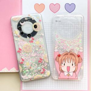 Transparent Liquid Shockproof Huawei Mate60 pro Phone Case Cartoon Magic Card Girl Sakura Transformation Device Ins Style