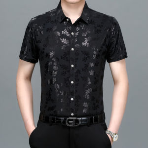 Ice Silk Cotton Short Sleeve Floral Print Casual Shirt for Middle-Aged Men Business Casual Style Half Sleeve Silk Luster Cotton