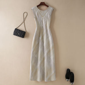 French Style V-Neck Sleeveless Long Linen Dress Golden Embellished Slimming High Waist A-Line Vest Dress Summer Elegant