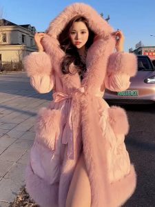 Winter New Fashion Korean Style White Duck down Puffer Jacket with Large Fur Collar Mid-Length Hooded Coat for Young Women