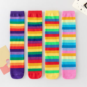 4Pairs Children Rainbow Color Striped Socks Girls Boys Knee High Socks Soft Breathable Elastic Sport Long Socks for Kids 3-12Y