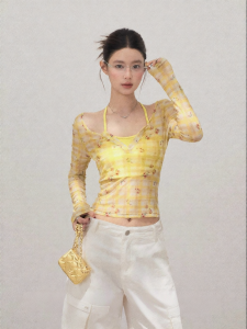 THROUS | Bộ Áo Thun Tay Dài Floral & Plaid Illusion cho Phụ Nữ