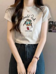 Vintage American Round Neck Short Sleeve T-shirt Womens Cartoon Printed Strapless Top Summer Unique Slim Fit Cotton Shirt