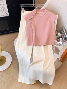 New Chinese Style Light National Style Pink Jerkin Womens Summer Plus Size Plus Size Ladies Casual Wide-Leg Pants Two-piece Set