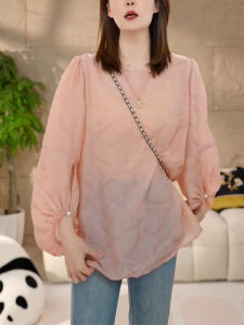 QINGNAER | French Style Plus Size Pink Blush Lightweight Lantern Sleeve Shirt