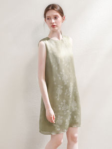 Miccbeirn | Silk Chiffon Embroidered Sleeveless Dress A-Line Mini Skirt Mulberry Silk National Style Vest Dress Summer Simple Style Loose Waist