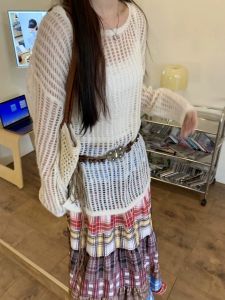 Korean Laid-back Style Hollow out Knitted Cover up Spring Summer Autumn 2024 New Medium Length Outerwear Top Layered Clothing