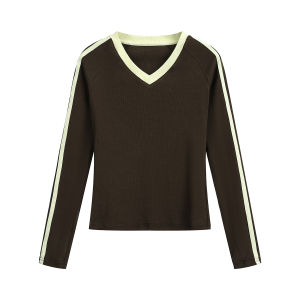 CHANT2nd | V-Neck Early Autumn Single Wear Short Body Slim Colorblock Long Sleeve T-shirt