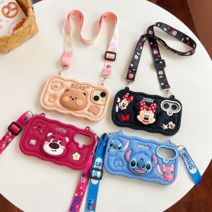 【Hot】Liquid Silicone Phone Case Innovative Telescopic Holder Strawberry Bear & Stitch & Minnie & Rilakkuma Shape with Shoulder Strap For iPhone 11 12 13 14 15 16 Series