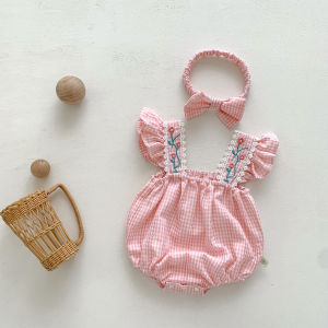 Mùa Hè Mỏng Kẻ Caro Em Bé Bé Gái Áo Liền Quần Sơ Sinh 100 Ngày Phong Cách Leo Tam Giác Cotton Vải Bông Pha Trộn Cộc Tay Không Tay K-style Foshan Origin