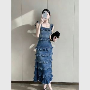 Elegant French Style Sleeveless Denim Dress Blue