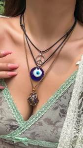 Ingemark | 3Pcs Creative Blue Turkish Lucky Eye Pendant Choker Necklace for Women Vintage Ethnic Stone Wax Thread Chain Jewelry Accessories