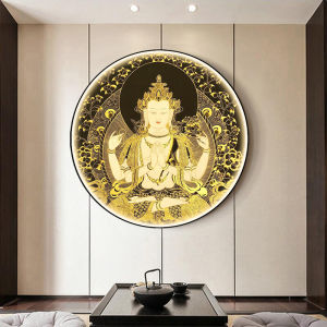 New Chinese Style Buddha Statue Decorative Painting round Entrance Lighting Artwork Living Room Sofa Background Wall Decoration
