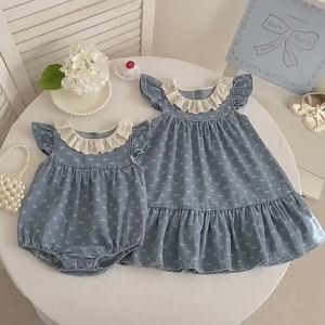 2026 Summer New Sister Dress 0-24M Flutter Sleeves Baby Girl Blue Bow Romper  2-6Yrs Kids Princess Lace Collar Dress