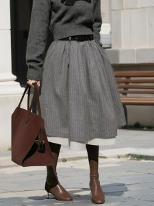 Gray Stripe Double Layer Splicing Half Skirt Large Size Retro Style Spring New Gray Series Half Skirt Casual High Waist A-Line Skirt