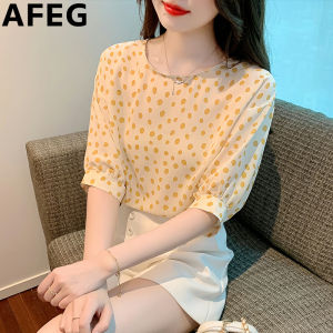 AFEG new Korean version of the round neck fashion simple loose assorted polka chiffon short-sleeved blouse
