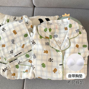 Cute Cartoon Pure Cotton Sleepwear Long Sleeve Womens Home Clothes Set with Chest Pad plus Size Comfortable Spring Autumn
