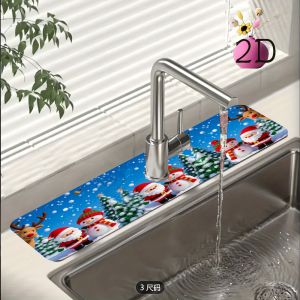 VIKAMA Christmas Santa Claus Faucet Mat Quick Drying Non Slip Floor Mat Snowman Printed Floor Mat Home Decoration