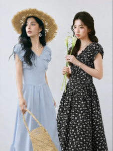 SEIFINI | French Floral V-neck Fly-sleeve Waist-defining Long Dress