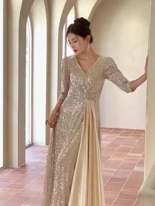 DINNER DRSES Womens Champagne Silver Sequin Evening Dress Luxurious And Premium 香槟银色长袖长款连衣裙年会主持人演出