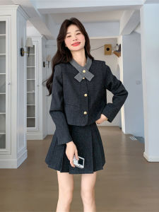 Fashionable Deep Grey Pleated Mini Skirt Set Womens Spring Autumn Two Piece Set Small Size High Fashion OOTD Sensation