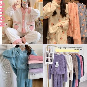 Thick Coral Fleece Womens Sleepwear Long Sleeve round Neck Loungewear Set Cute Home Clothes Outdoor Fashionable Open Cardigan