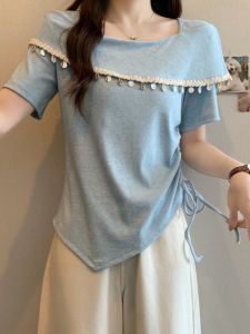 Light Blue Fringed One Shoulder Short Sleeve T-Shirt Womens Summer Casual Korean Style Loose Fit Classic Solid Color Top