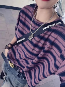 Áo Thun Nữ Tay Ngắn Cổ Tròn Dáng Rộng Màu Xanh Lam Kẻ Sọc Thời Trang Mùa Hè Thiết Kế Đa Năng Dài Vừa Phải Chất Liệu Cotton Polyester