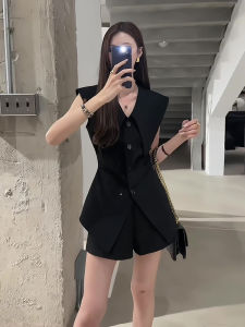 Bộ Đồ Vest Màu Nâu Cam Cổ Chữ V Thời Trang Dành Cho Nữ Bộ Quần Áo Công Sở Mùa Hè Mới Có Eo Ngắn Không Tay Chất Liệu Polyester